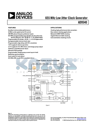 AD9540BCPZ-REEL datasheet - 655 MHz Low Jitter Clock Generator