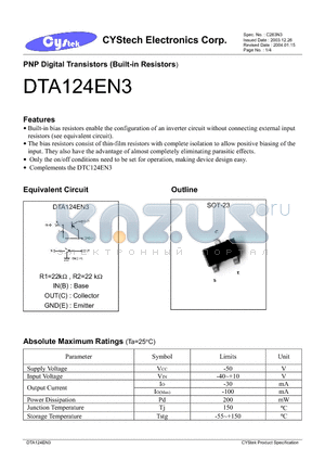 DTA124EN3 datasheet - PNP Digital Transistors (Built-in Resistors)