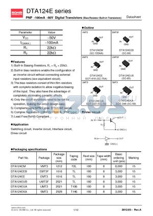 DTA124EUAT106 datasheet - PNP -100mA -50V Digital Transistors (Bias Resistor Built-in Transistors)