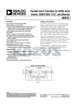 AD9553/PCBZ datasheet - Flexible Clock Translator for GPON, Base Station, SONET/SDH, T1/E1, and Ethernet