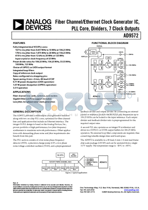 AD9572ACPZLVD-R7 datasheet - Fiber Channel/Ethernet Clock Generator IC, PLL Core, Dividers, 7 Clock Outputs