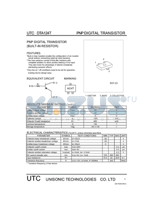 DTA124T datasheet - PNP DIGITAL TRANSISTOR (BUILT-IN RESISTOR)