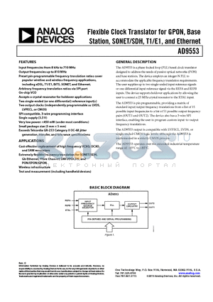 AD9553BCPZ-REEL7 datasheet - Flexible Clock Translator for GPON, Base Station, SONET/SDH, T1/E1, and Ethernet