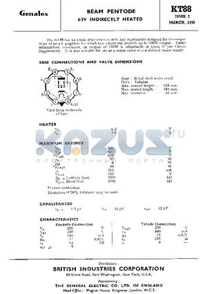 KT88 datasheet - BEAM PENTODE 6V 3V INDIRECTILY HEATED