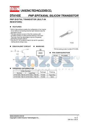 DTA143E datasheet - PNP DIGITAL TRANSISTOR (BULT-IN RESISTORS)