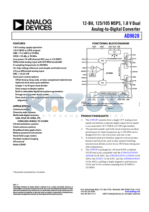 AD9628BCPZRL7-105 datasheet - 12-Bit, 125/105 MSPS, 1.8 V Dual Analog-to-Digital Converter