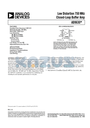 AD9630AR datasheet - Low Distortion 750 MHz Closed-Loop Buffer Amp