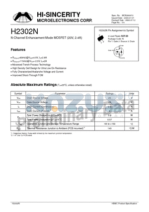 H2302N datasheet - N-Channel Enhancement-Mode MOSFET (20V, 2.4A)