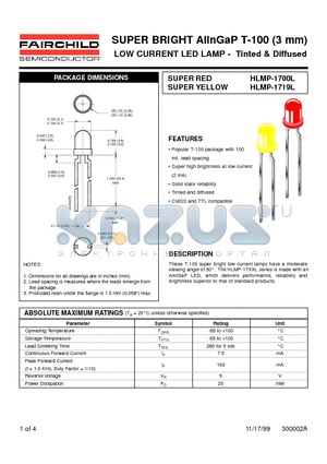 HLMP-1719L datasheet - LOW CURRENT LED LAMP - Tinted & Diffused