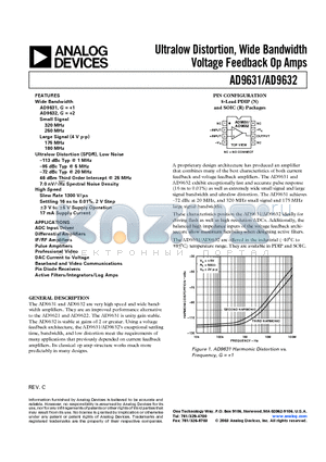 AD9631AR datasheet - Ultralow Distortion, Wide Bandwidth Voltage Feedback Op Amps