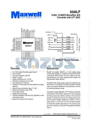 9240LPRPQK datasheet - 14-Bit, 10 MSPS Monolithic A/D Converter with LPT ASIC