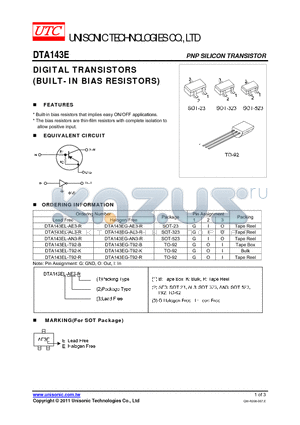 DTA143EG-T92-K datasheet - DIGITAL TRANSISTORS