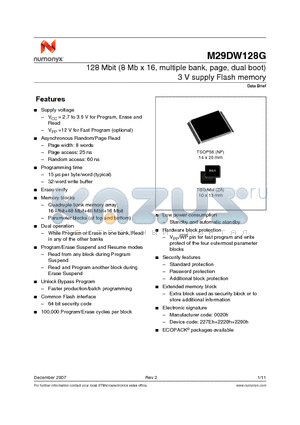 M29DW128G60NF6E datasheet - 128 Mbit (8 Mb x 16, multiple bank, page, dual boot) 3 V supply Flash memory