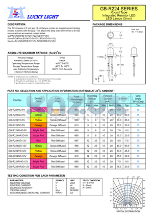 GB-R224GD-12V datasheet - Round Type Integrated Resistor LED LED Lamps (3mm)