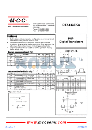 DTA143EKA datasheet - PNP Digital Transistors