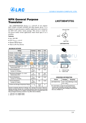 LNST3904F3T5G datasheet - NPN General Purpose Transistor Reduces Board Space