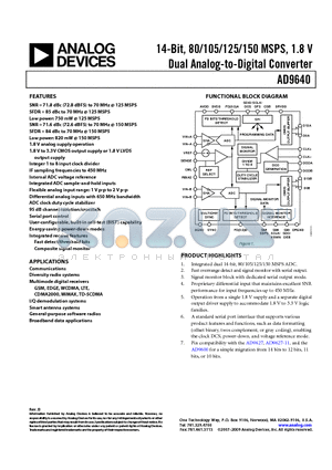 AD9640ABCPZ-80 datasheet - 14-Bit, 80/105/125/150 MSPS, 1.8 V Dual Analog-to-Digital Converter