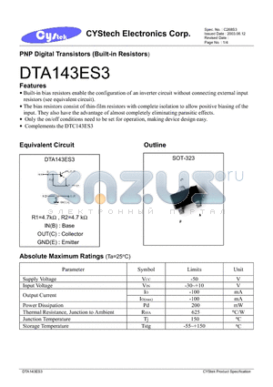 DTA143ES3 datasheet - PNP Digital Transistors (Built-in Resistors)