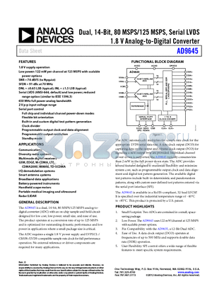 AD9645 datasheet - Dual, 14-Bit, 80 MSPS/125 MSPS, Serial LVDS