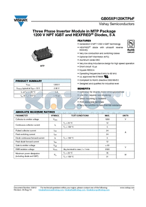 GB05XP120KPBF datasheet - Three Phase Inverter Module in MTP Package 1200 V NPT IGBT and HEXFRED Diodes, 5 A
