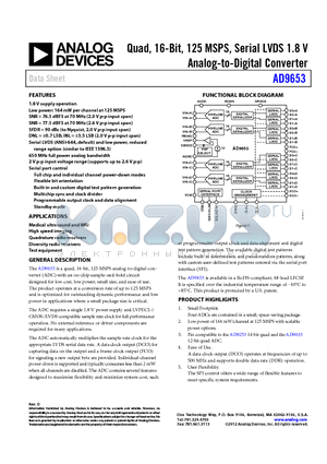 AD9653BCPZ-125 datasheet - Quad, 16-Bit, 125 MSPS, Serial LVDS 1.8 V