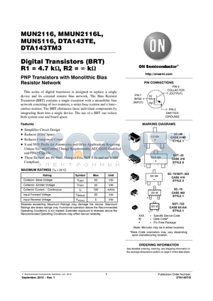 DTA143TE datasheet - Digital Transistors (BRT) R1 = 4.7 k, R2 =  k