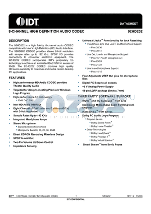 92HD202XX5PRGXYYX datasheet - 8-CHANNEL HIGH DEFINITION AUDIO CODEC