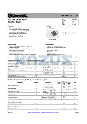 GB01SLT12-220 datasheet - Silicon Carbide Power Schottky Diode