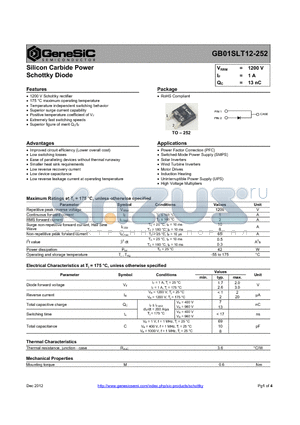 GB01SLT12-252 datasheet - Silicon Carbide Power Schottky Diode