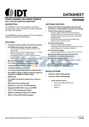 92HD66B datasheet - FOUR CHANNEL HD AUDIO CODECS