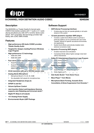 92HD206 datasheet - 8-CHANNEL HIGH DEFINITION AUDIO CODEC