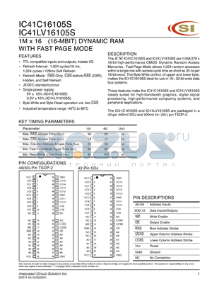 IC41C16105S-50K datasheet - 1M x 16 (16-MBIT) DYNAMIC RAM WITH FAST PAGE MODE