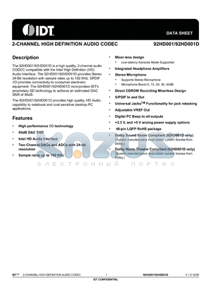 92HD001 datasheet - 2-CHANNEL HIGH DEFINITION AUDIO CODEC