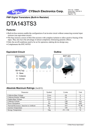 DTA143TS3 datasheet - PNP Digital Transistors (Built-in Resistor)