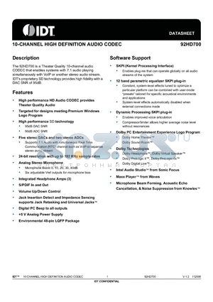 92HD700XX5PRGXYYX datasheet - 10-CHANNEL HIGH DEFINITION AUDIO CODEC