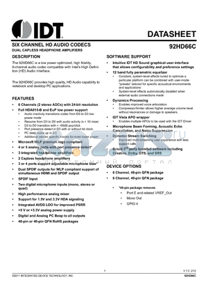 92HD66C datasheet - SIX CHANNEL HD AUDIO CODECS