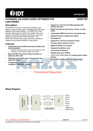 92HD71B5 datasheet - 4-CHANNEL HD AUDIO CODEC OPTIMIZED FOR LOW POWER