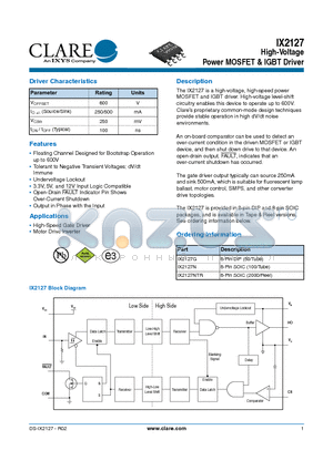 IX2127 datasheet - High-Voltage Power MOSFET & IGBT Driver