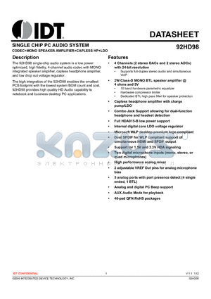 92HD98 datasheet - SINGLE CHIP PC AUDIO SYSTEM