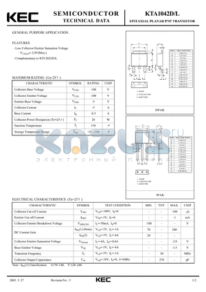 KTA1042L datasheet - EPITAXIAL PLANAR PNP TRANSISTOR (GENERAL PURPOSE)