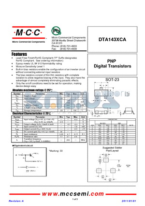 DTA143XCA datasheet - PNP Digital Transistors