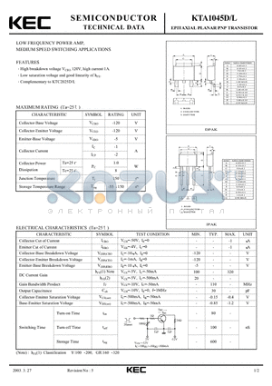 KTA1045D datasheet - EPITAXIAL PLANAR PNP TRANSISTOR (LOW FREQUENCY POWER AMP, MEDIUM SPEED SWITCHING)