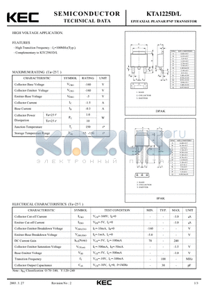 KTA1225D datasheet - EPITAXIAL PLANAR PNP TRANSISTOR (HIGH VOLTAGE)