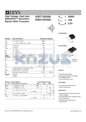 IXBH12N300 datasheet - High Voltage, High Gain BIMOSFETTM Monolithic Bipolar MOS Transistor