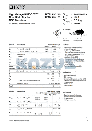 IXBH15N160 datasheet - High Voltage BIMOSFET Monolithic Bipolar MOS Transistor