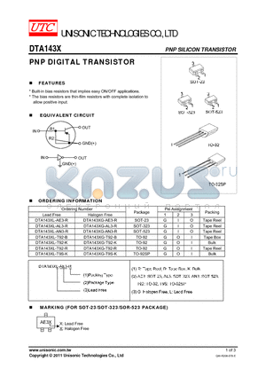 DTA143XL-AN3-R datasheet - PNP DIGITAL TRANSISTOR