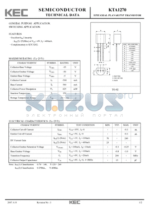 KTA1270 datasheet - EPITAXIAL PLANAR PNP TRANSISTOR