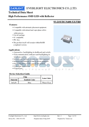 93-21SUBC/S400-XX/TR8 datasheet - High Performance SMD LED with Reflector