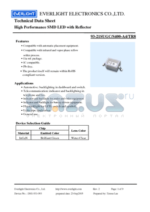 93-21SUGC/S400-A4/TR8 datasheet - High Performance SMD LED with Reflector