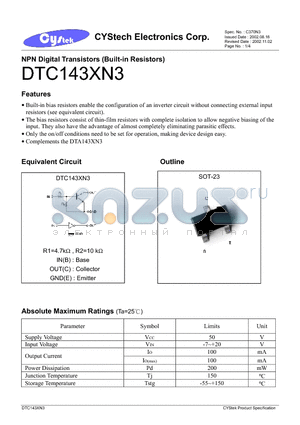 DTA143XN3 datasheet - NPN Digital Transistors (Built-in Resistors)